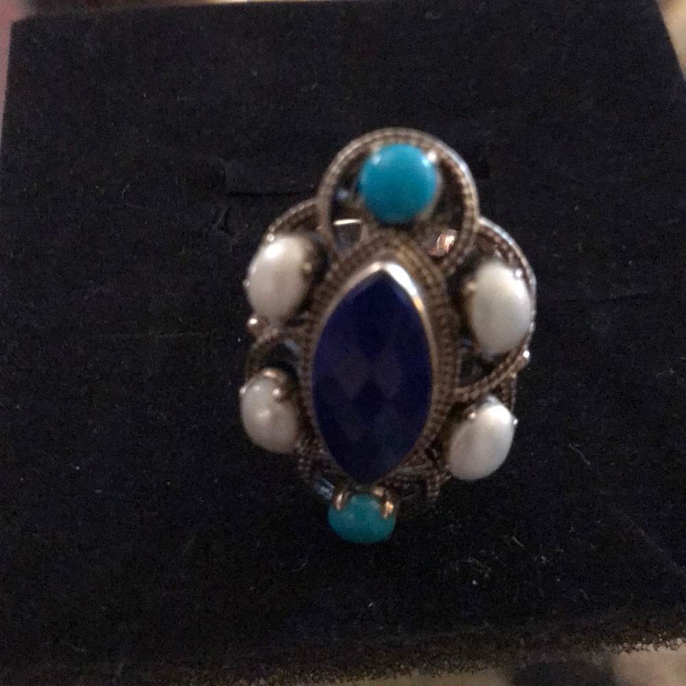 Genuine Silver pearl, turquoise & sapphire ring